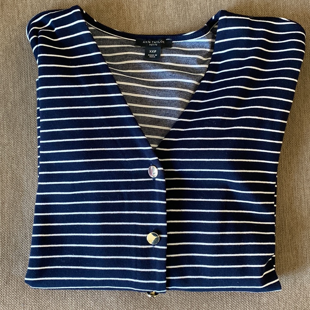 Ann Taylor XXSP navy and white striped cardigan